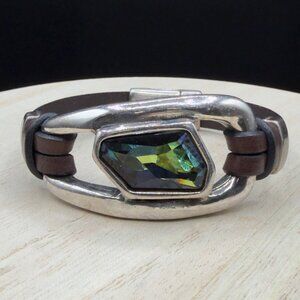 Handcrafted Leather Bracelet Silver Tone Metal Iridescent Glass Stone Magnetic